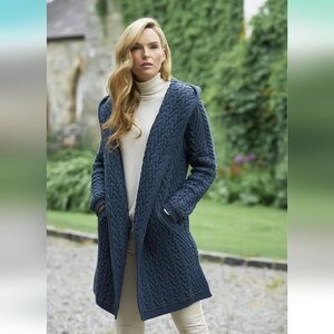 Aran Crafts Women's Cable Knit Herringbone Shawl Hood Coat (100% Merino Wool)
